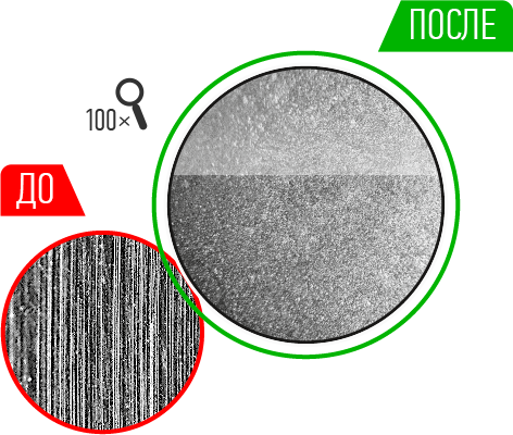 Реальные фотографии поверхности цилиндра ДО и ПОСЛЕ Ревитализации® (увеличено в 100 раз)